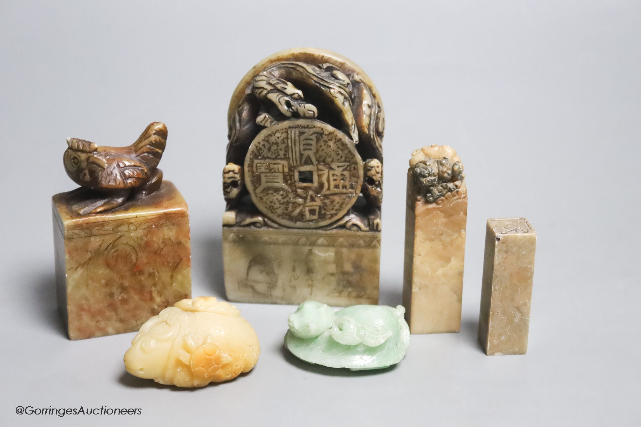 Six various Chinese jadeite and soapstone carvings, tallest 12cm